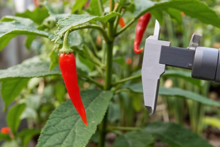 Close-up photograph of vibrant red dragon pepper growing on plant with scientific measuring equipment nearby