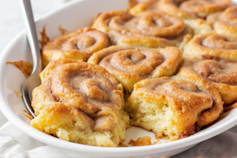 Perfectly baked cinnamon roll breakfast casserole with golden crust and cream cheese drizzle in 9x13 baking dish