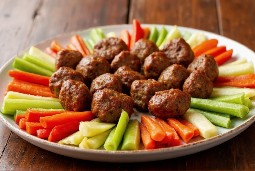 Elegant serving platter of glazed meatballs surrounded by fresh vegetables for dipping