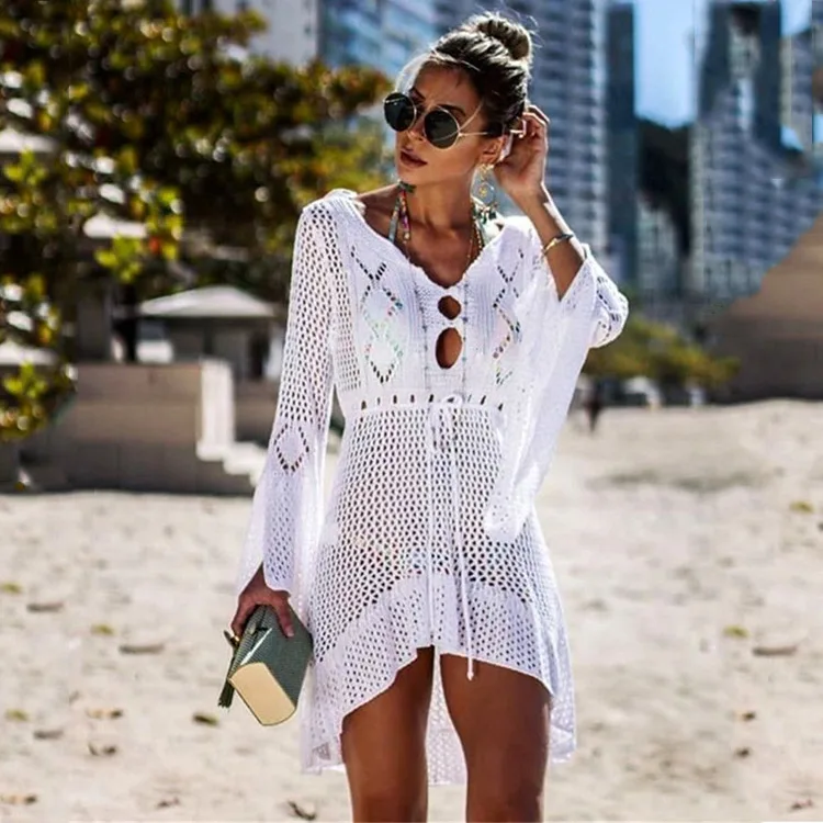 

Summer Dresses 2020 Hollow Out Knitting Beach Dress Women Flare Sleeve Sandy Beach Smock Sunscreen Unlined Upper Cover, Picture color