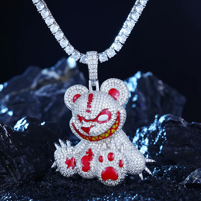 

Trendy Hiphop Rapper Jewelry Cartoon Necklace 925 Sterling Silver VVS Moissanite Diamond Iced Out Angry Bear Pendant For Men