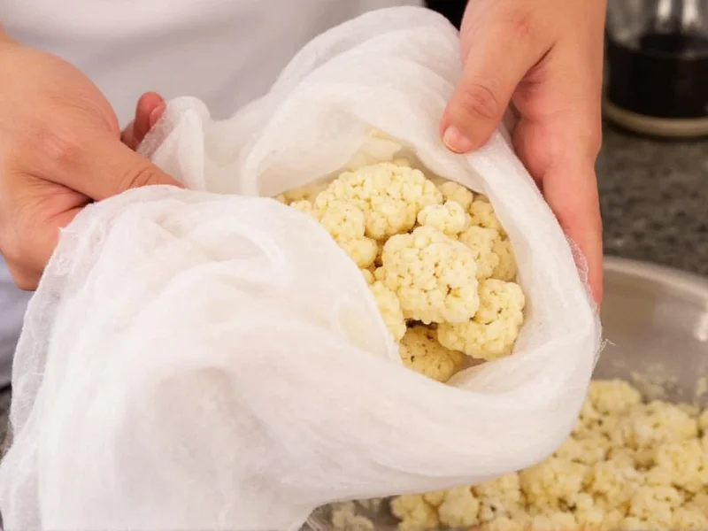 Hand squeezing moisture from cauliflower in cheesecloth