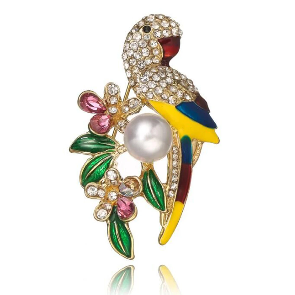 

Best selling animal brooch multi colors parrot rhinestone pearl brooch