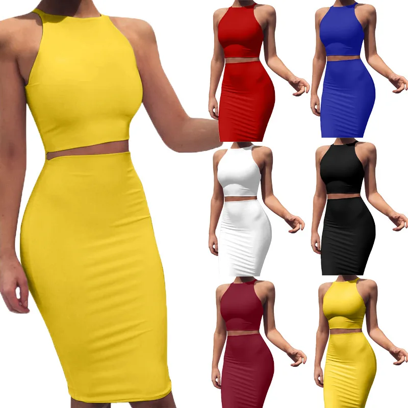 

TOB Women Sexy Sleeveless Bodycon 2 Piece Midi Skirt Outfits Halter Cocktail Dress