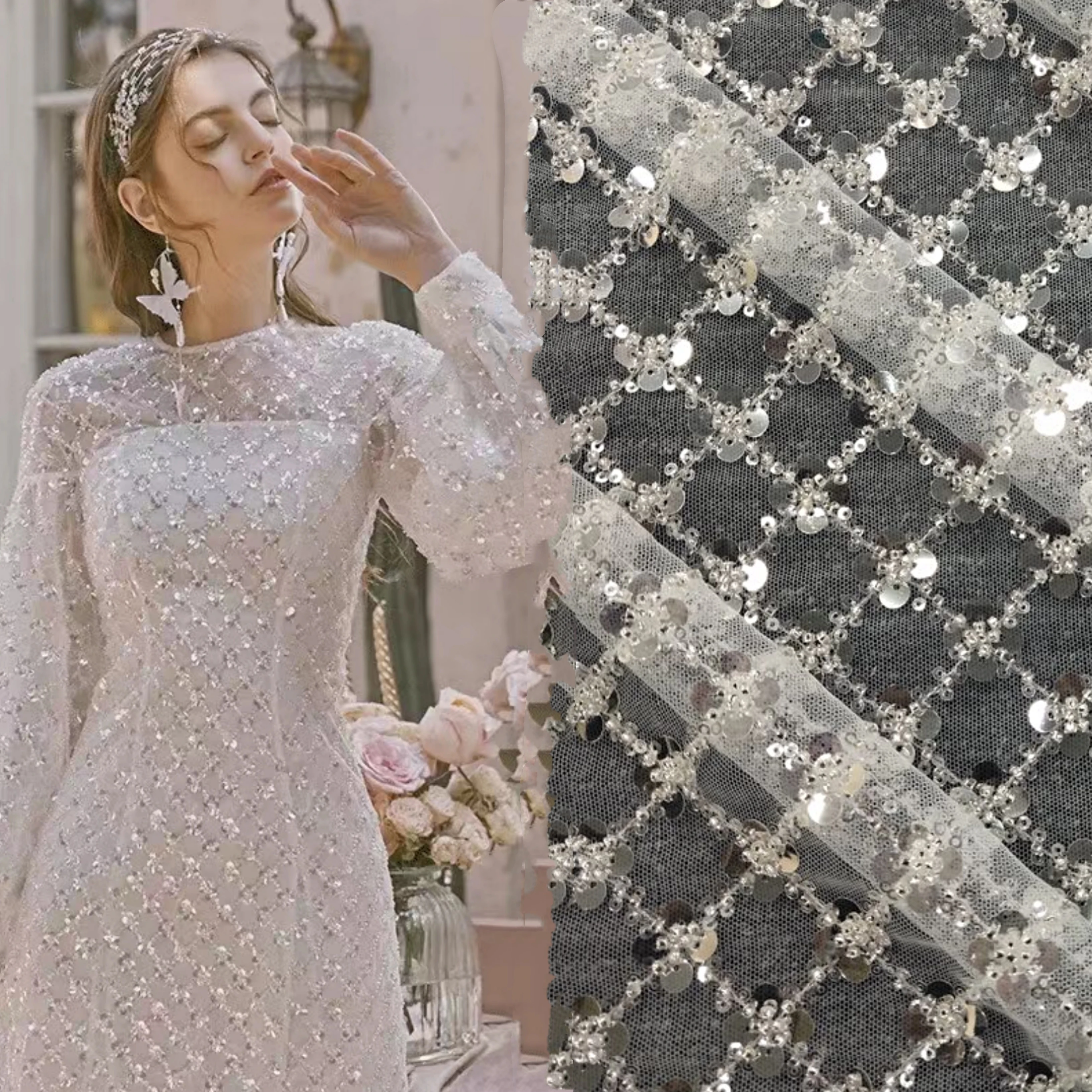 

new 2021 High quality handmade rhinestone embroidery beaded lace fabric