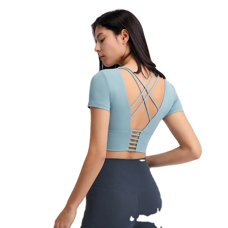 

DS070 2021 Women New yoga gym sports Cropped Padded T-shirt short sleeve Cross Back Casual Fitness Top wear