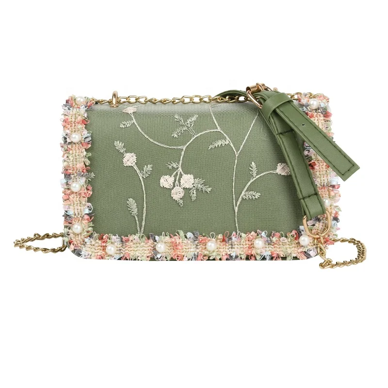 

Trendy casual pearl floral square designer shoulder bag PU ready to ship young girl women bag purses crossbody hand bag ladies