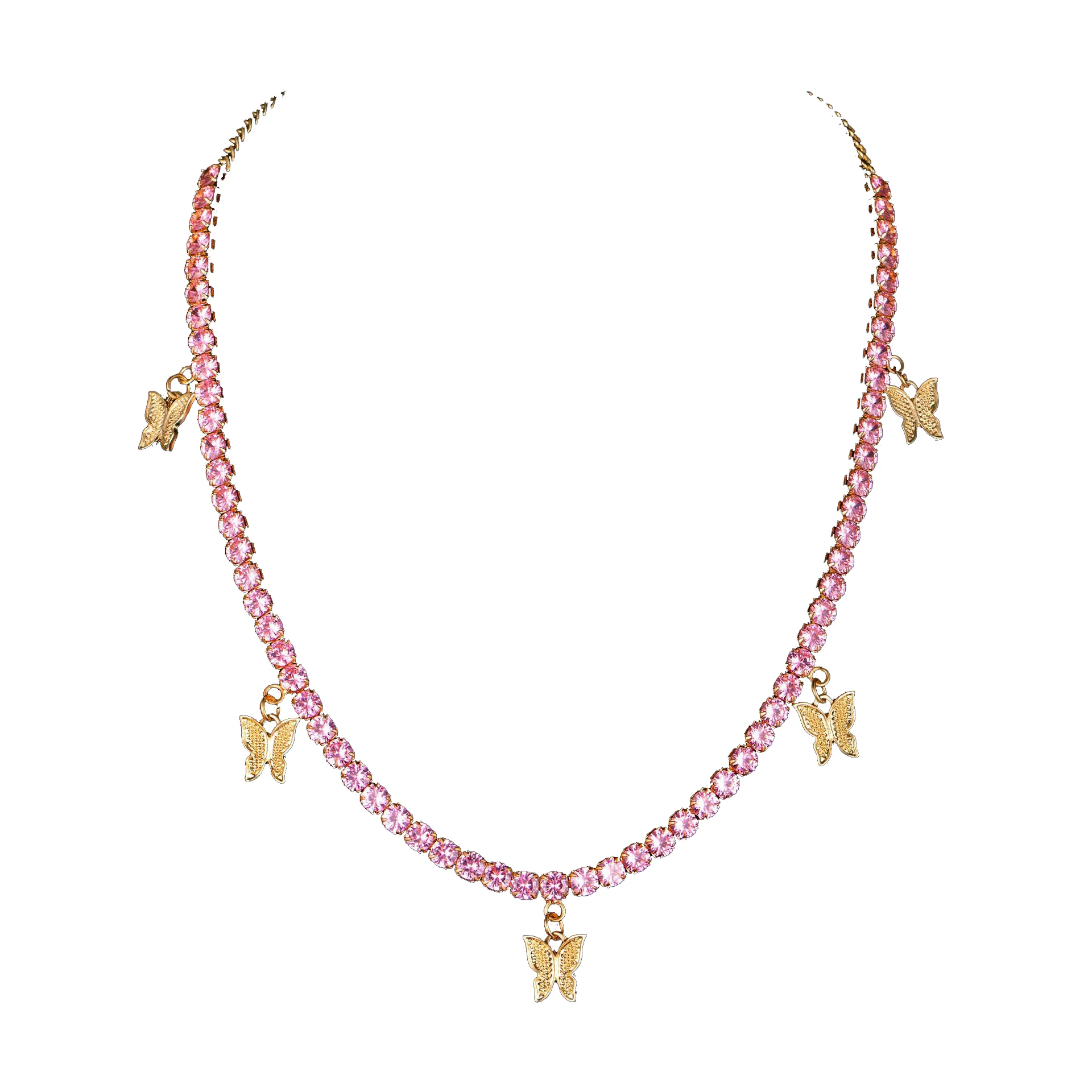 

2022New Design Butterfly Tennis Bff Pink Zircon Gold Plated Necklace Jewelry For Woman Custom