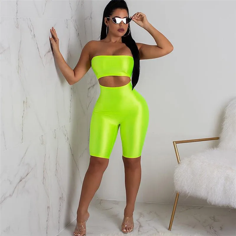 

Ladies women sexy short fluorescence playsuits short hollow out strapless female sexy skinny solid party rompers bodysuits