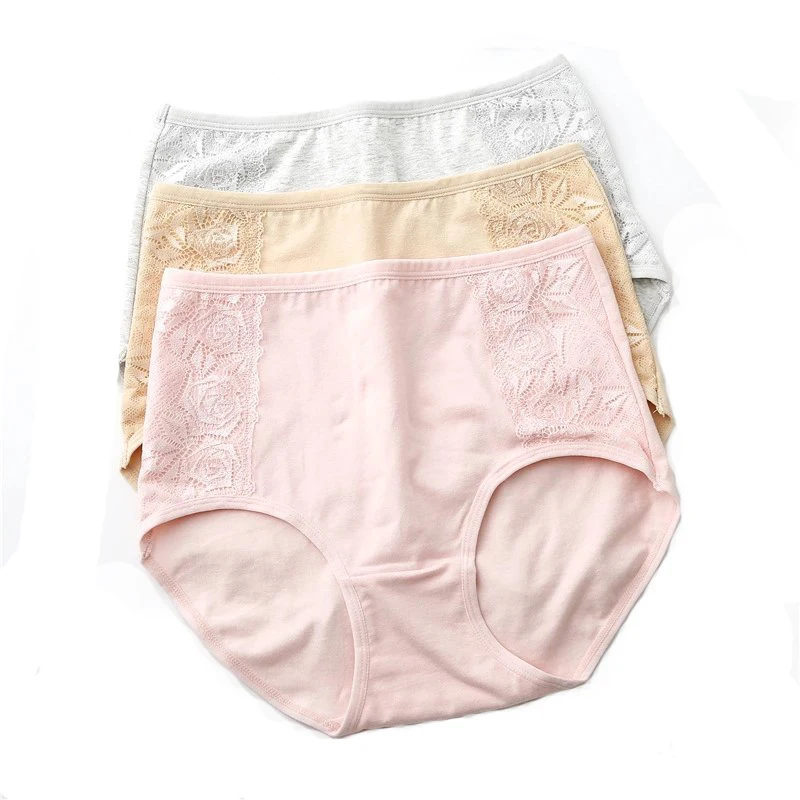 

40426 High-Waist Underwear Women's Panties Lace Female Briefs Breathable Cotton Plus Size Panties, Black, light pink, purple, pink, beige, red, gray, champagne