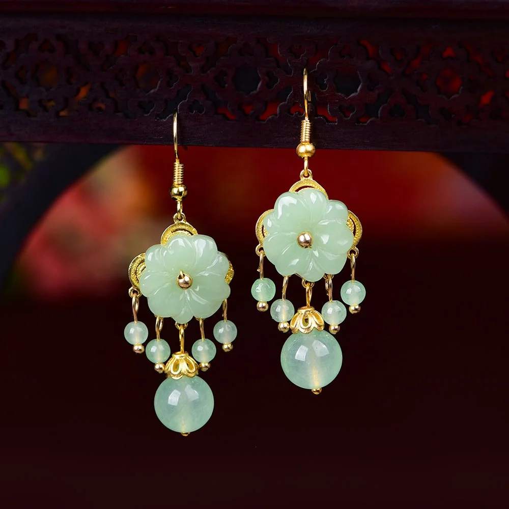 

Hot Sale Eardrop Fashion Classical Jade Jewelry Retro Chinese Style Hanfu Ethnic Wholesale Women Flower Earrings