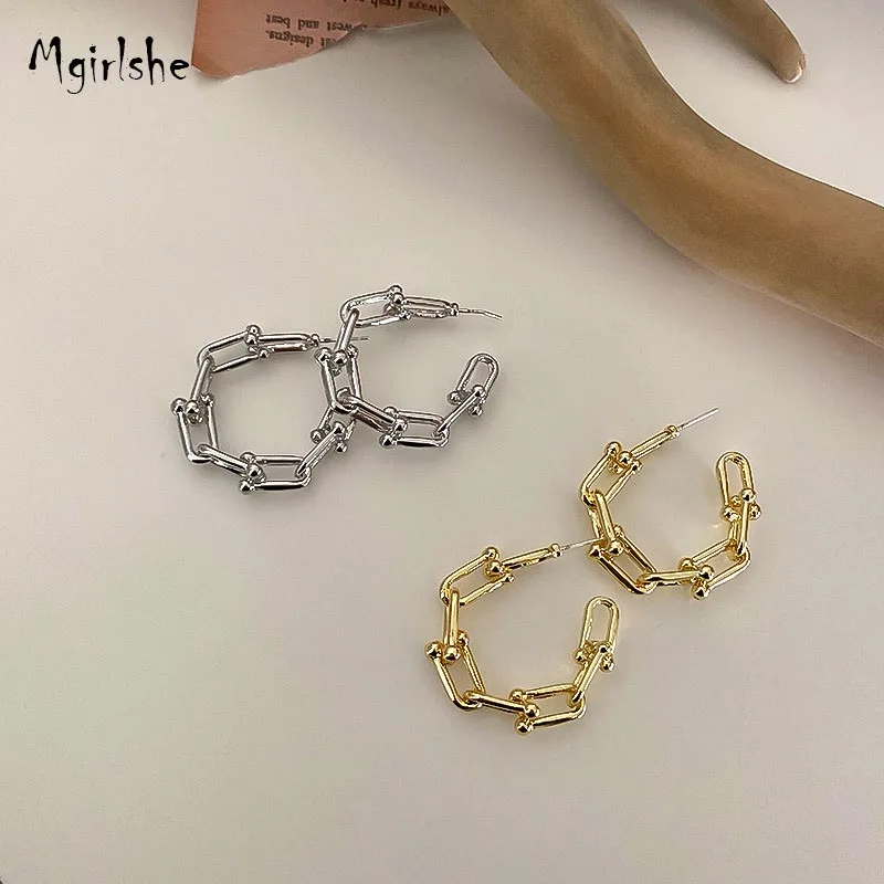 

Mgirlshe Gold Simple Geometric Metal Chain Earrings Statement Korean Vintage 925 Silve Needles Fashion Earrings Hoop Cool Girls