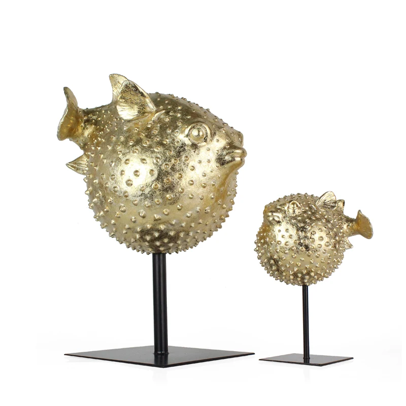 Wholesales Artifical Ocean Resin Decorative Gold Puffer Fish  Animal Sculpture For Home Decor manufacture