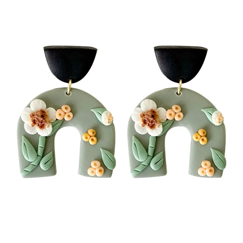 

Hot Sale Korean Creative Flowers Kawaii U Shaped Polymer Clay Earring black Charms America for women girls, Gold