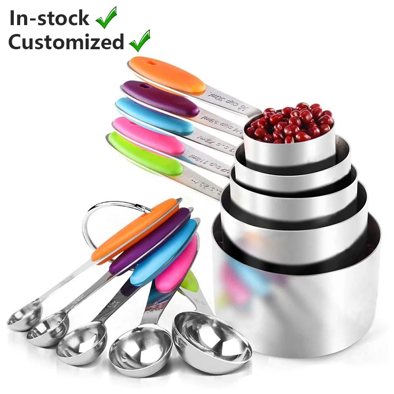 

Amazon Hot Selling Baking Gadgets Spoon 10 Pcs Stainless Steel Measuring Cups and Spoon Set With Silicone Grips, Customer request