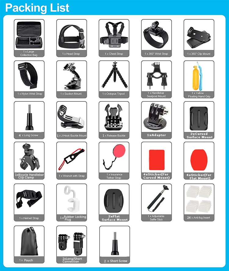 58 In 1 Gopro Accessories Set For Gopro hero 8 7 6 5 Monopod Selfie Stick Clip