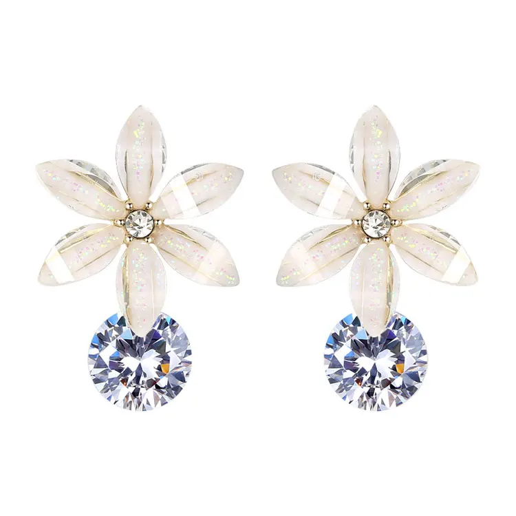 

SC Korean Style Crystal Flower Earrings Dainty Shiny Crystal Zircon Drop Flower Stud Earrings for Teen Girls, White