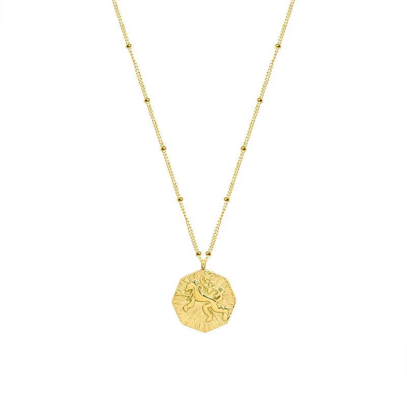 

Punk Trendy Geometric Lion Pendant Chain Necklace for Women Genuine Octagonal Bead Chain Fine Animal Jewelry