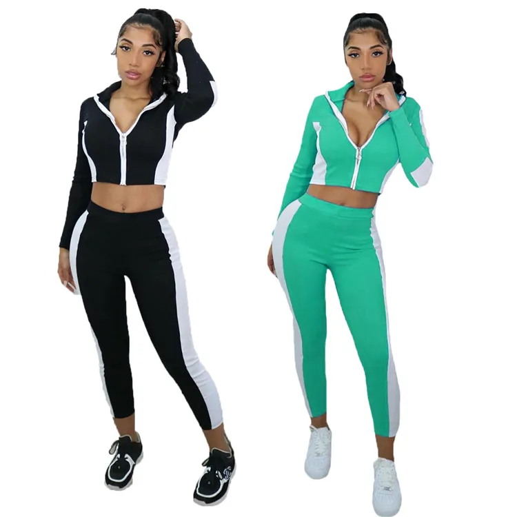 

2021 European and American Women New Fashion Slim Fitting Color Matching Leisure Sports 2-piece Set, As picture
