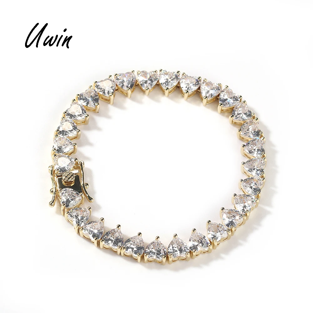 

New Heart Shaped CZ Tennis Chain Wholesale Bling Delicate Bracelet Women Men Iced Out Bling Jewelry, Gold and silver color