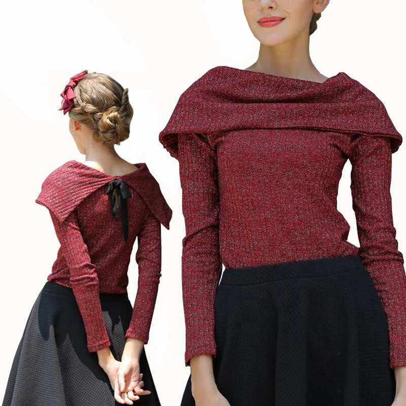 

Fashion New Knit Sweaters Women Boat Neck Knitted Pullover Solid Color Bow Knitwear Sexy Womens Sweater, Red, black, grey