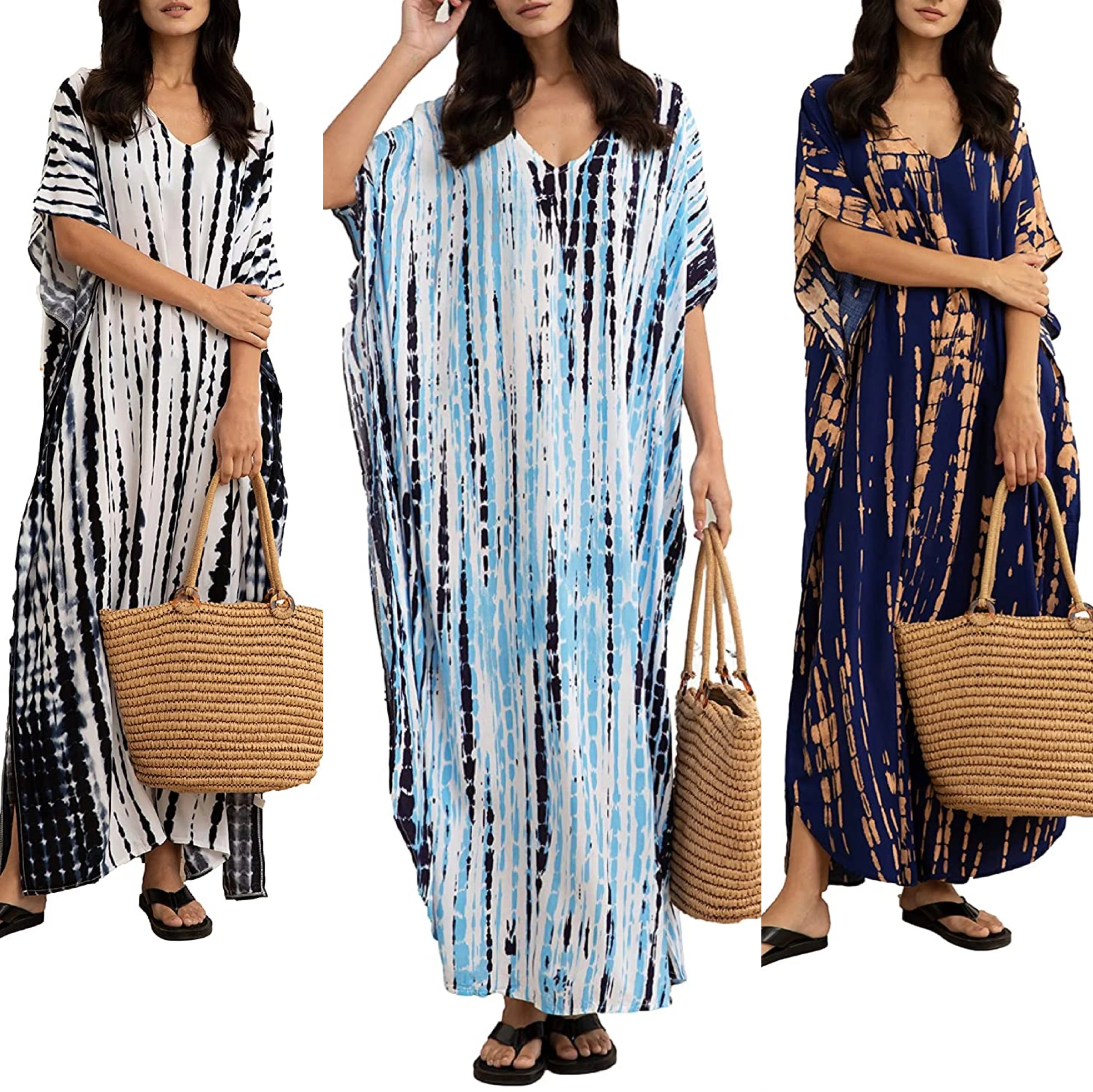 

Wholesale Women Print Beach Kaftan Dress 2022 New Arrival Plus Size Bathing Suit Cover Ups Hot Sale Fashion Bohemian Maxi Dress