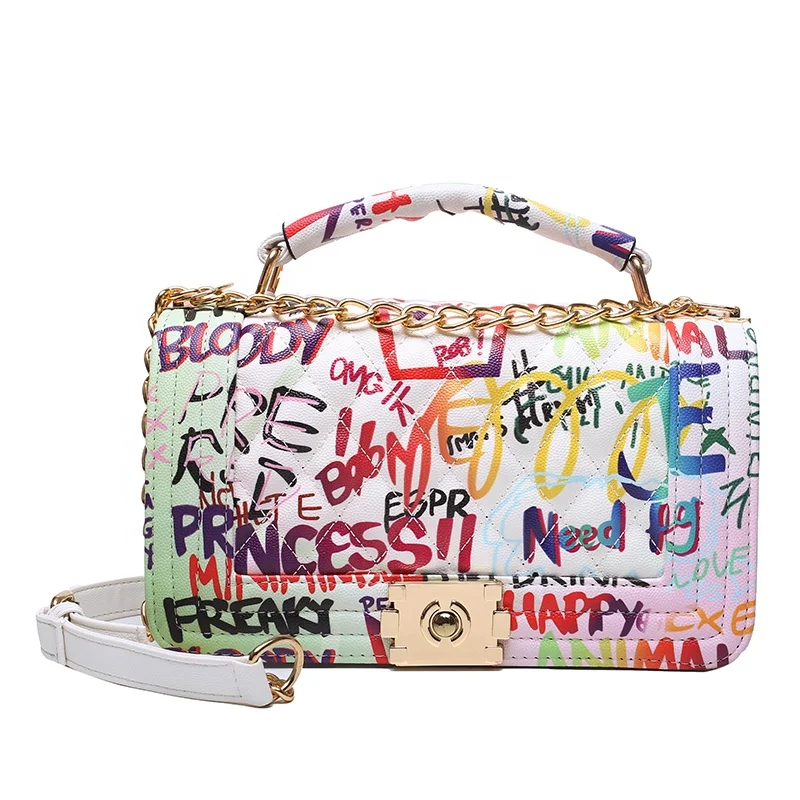 

2021 Wholesale Fashion Trendy Ladies Printed Crossbody Luxury Purses Graffiti Bags for Women Designer Handbags Famous Brands, Black,white,multicolor