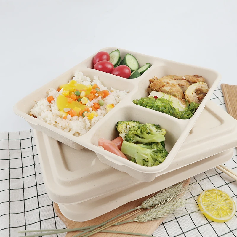 

Disposable Biodegradable Bagasse Sugarcane Pulp White 4 Compartments Lunch Tray, Black, white, red, green or customized