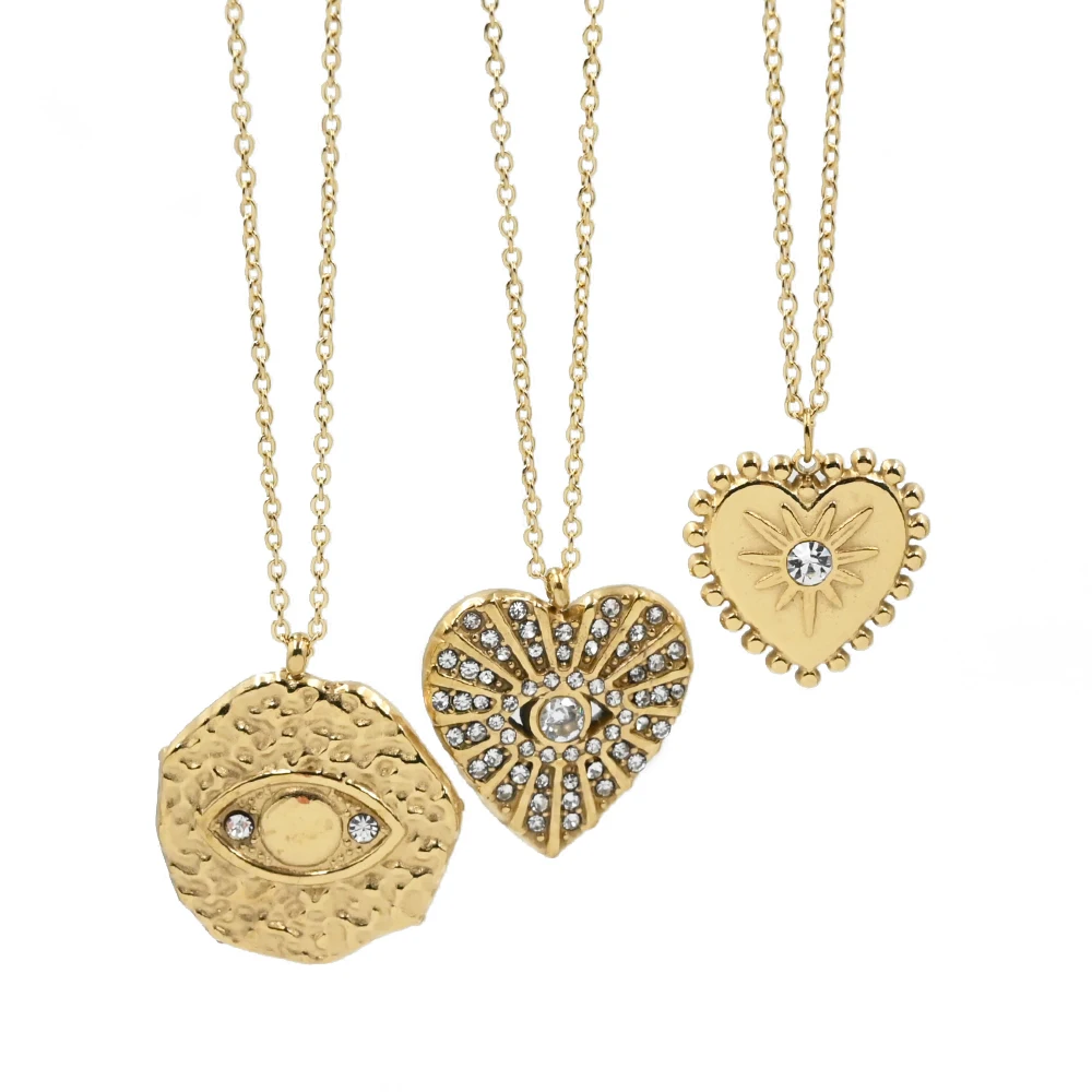 Hot Selling Devil Eye Love Stainless Steel Chain Heart Shaped Zircon Round Texture Pendant Geometric Necklace