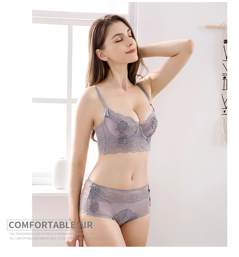 

Foreign trade lace embroidery bra brief sets transparent bra panty suit women underwear gather high waist bra and panties set, 5 colors