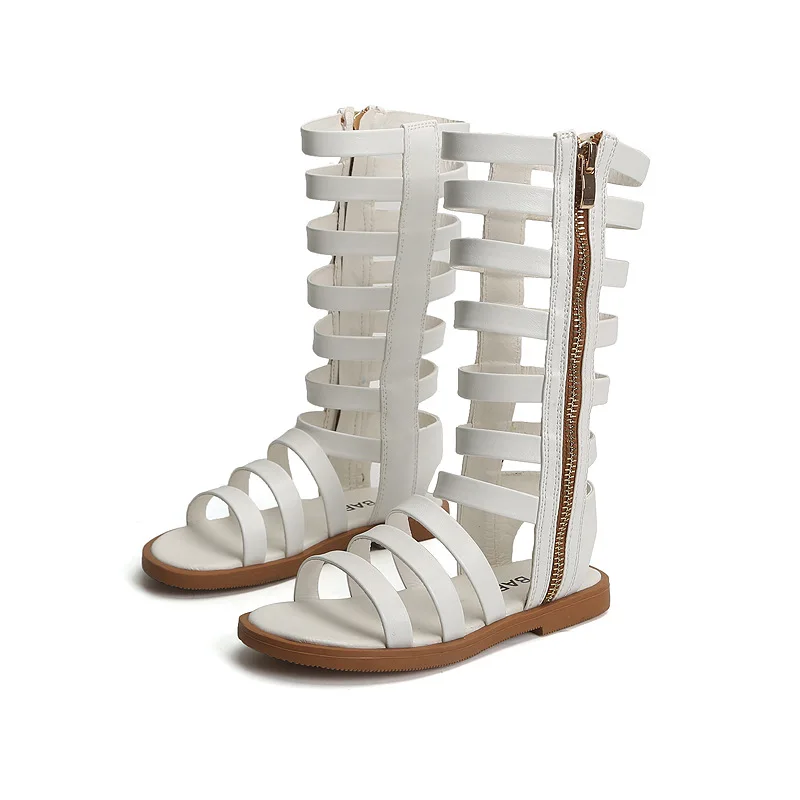 

Hot selling Roman style girl soft leather summer open-toed knee high gladiator sandals for children girls shoes, White/black/brown