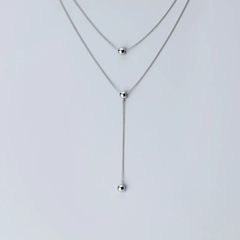 

925 Sterling Silver Double Layer Chain Beads Necklaces For Women Wholesale Jewelry