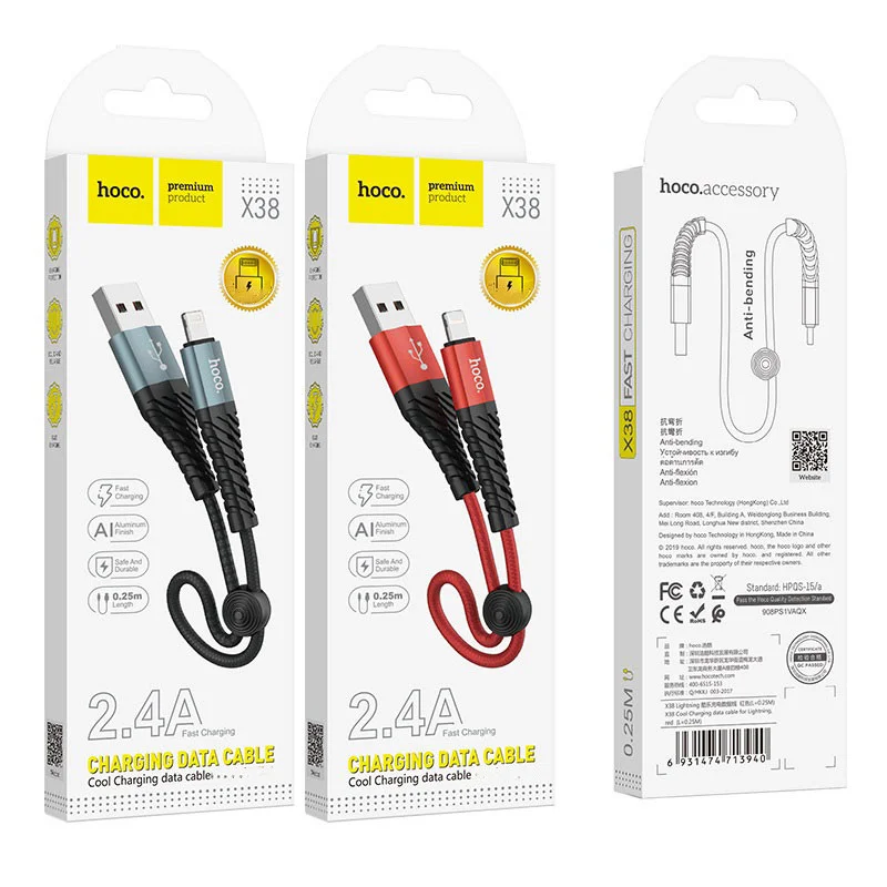 

HOCO X38 25cm short length wholesale micro type C USB cable high speed data cable for apple charger powerbank, Black, red