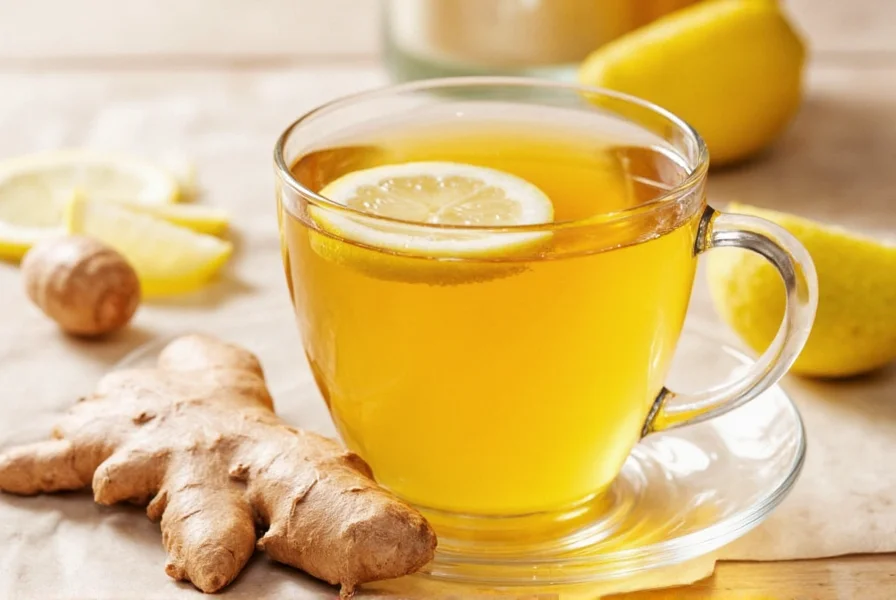 Person holding warm mug of ginger tea with visible lemon slice and honey drizzle