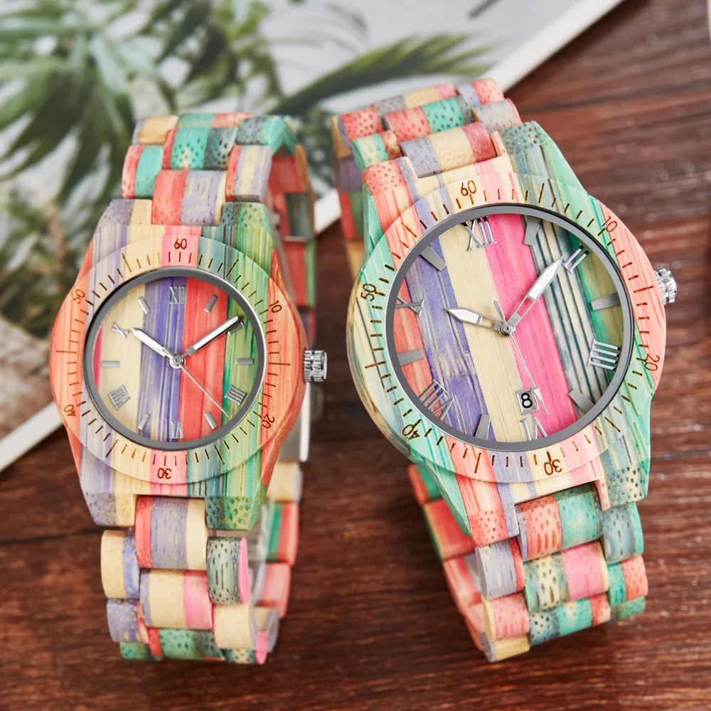 

Wholesale Cheap Men Women Custom Logo Rainbow Colorful Couple Clock reloj Quartz Wristwatches Unique Wood Bamboo Watch