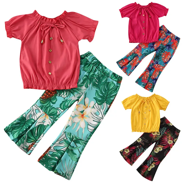 

new arrival Girls Clothes Set Summer baby Girl Clothes off shoulder Top+ ruffle flower Pants kid girls clothing set