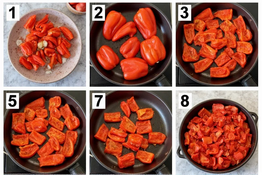 Step-by-step process of roasting red bell peppers over open flame for homemade red pepper dip