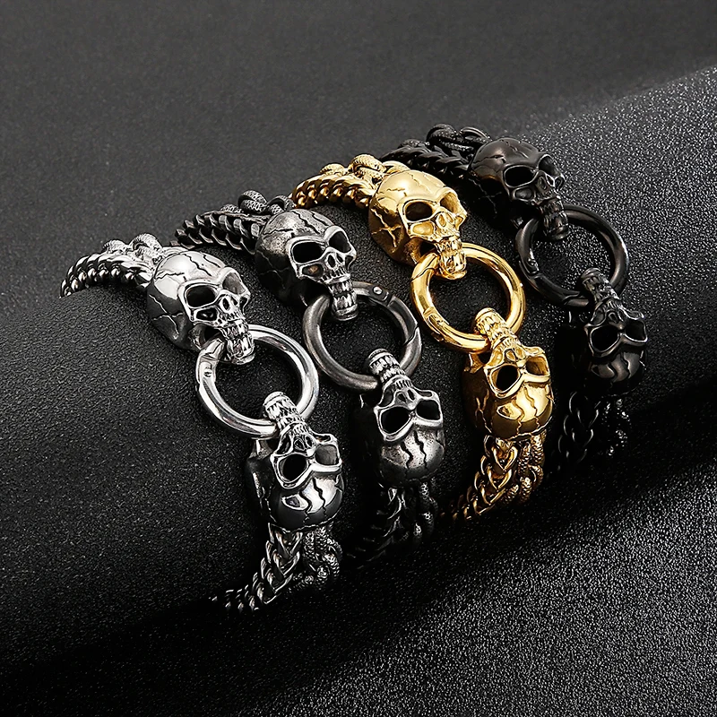 

KALEN Punk Double Woven Chain 18K Gold Plating Skeleton Skull Head Men Stainless Steel Jewelry Bracelets, Gold/black/steel