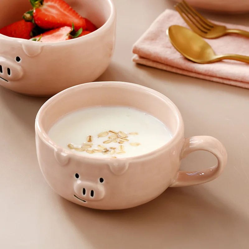 

Piggy Wholesale Breakfast Cappuccino Milk Ceramic Cup Saucer Salad Porcelain Mug With Handle