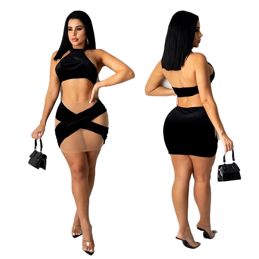 

Sexy ladies Backless sleeveless tops See-through skirts suits summer two piece skirt set for women