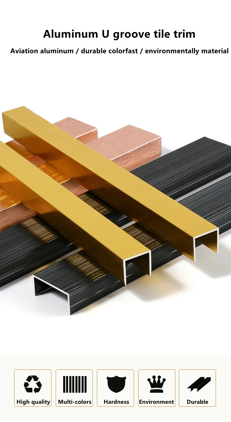 U shape Aluminum extrusion profile with polished gold finish for tile decoration manufacture