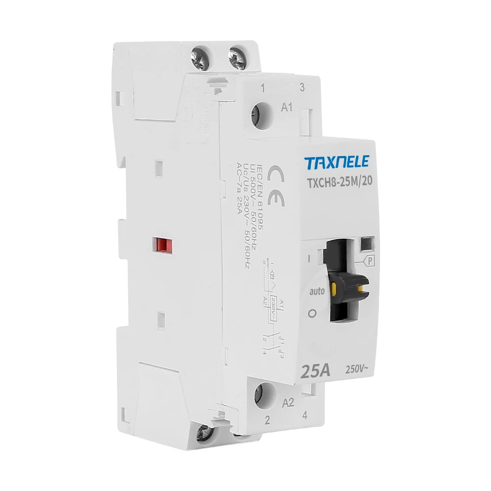 

2P 25A 220V/230V 50/60HZ Din rail Household AC Modular contactor with Manual Control Switch NO NC Manual Contactor