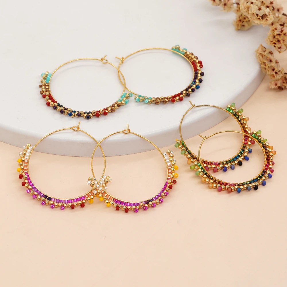 

Go2boho New In 316L Gold Stainless Steel Miyuki Crystal Colorful Bead Handmade Hoop Earrings For Women Summer Beach Jewelry