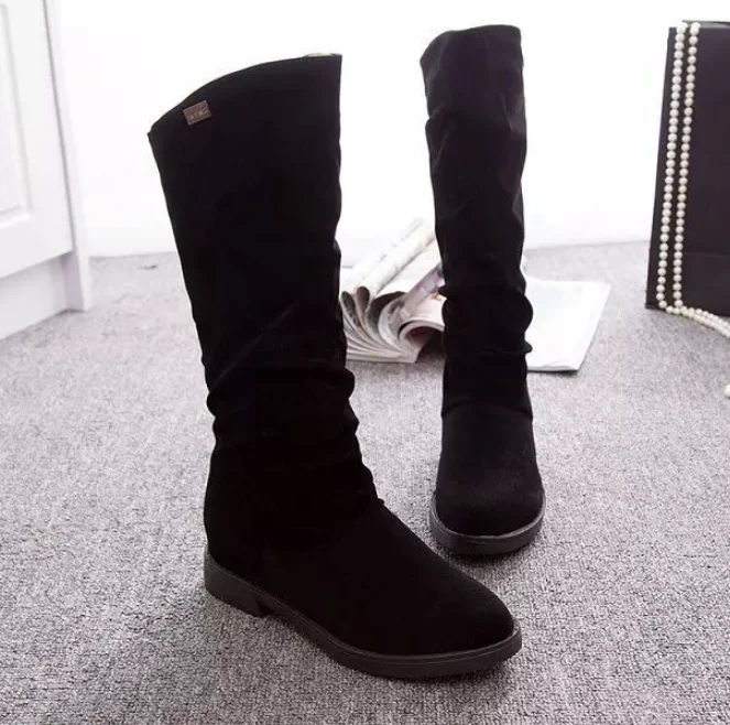 

2021 Winter Women Boots Slouch Boots Female Knee High Boots New Faux Suede Flat Heels Bootie Ladies Size Fashion Round Toe, 4 colors
