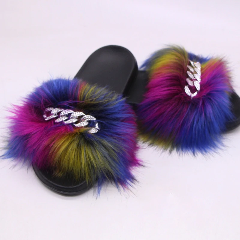 

JKP04-1 Cheap Price Faux Raccoon Fur Rhinestone Chain Sandals 2021 Womens Sandals Slippers, As picture or custom