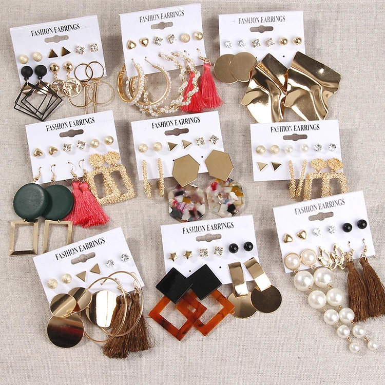

Cross-border accessories popular earrings geometric metal acrylic sheet tassel earring set ornaments wholesale, Picture shows