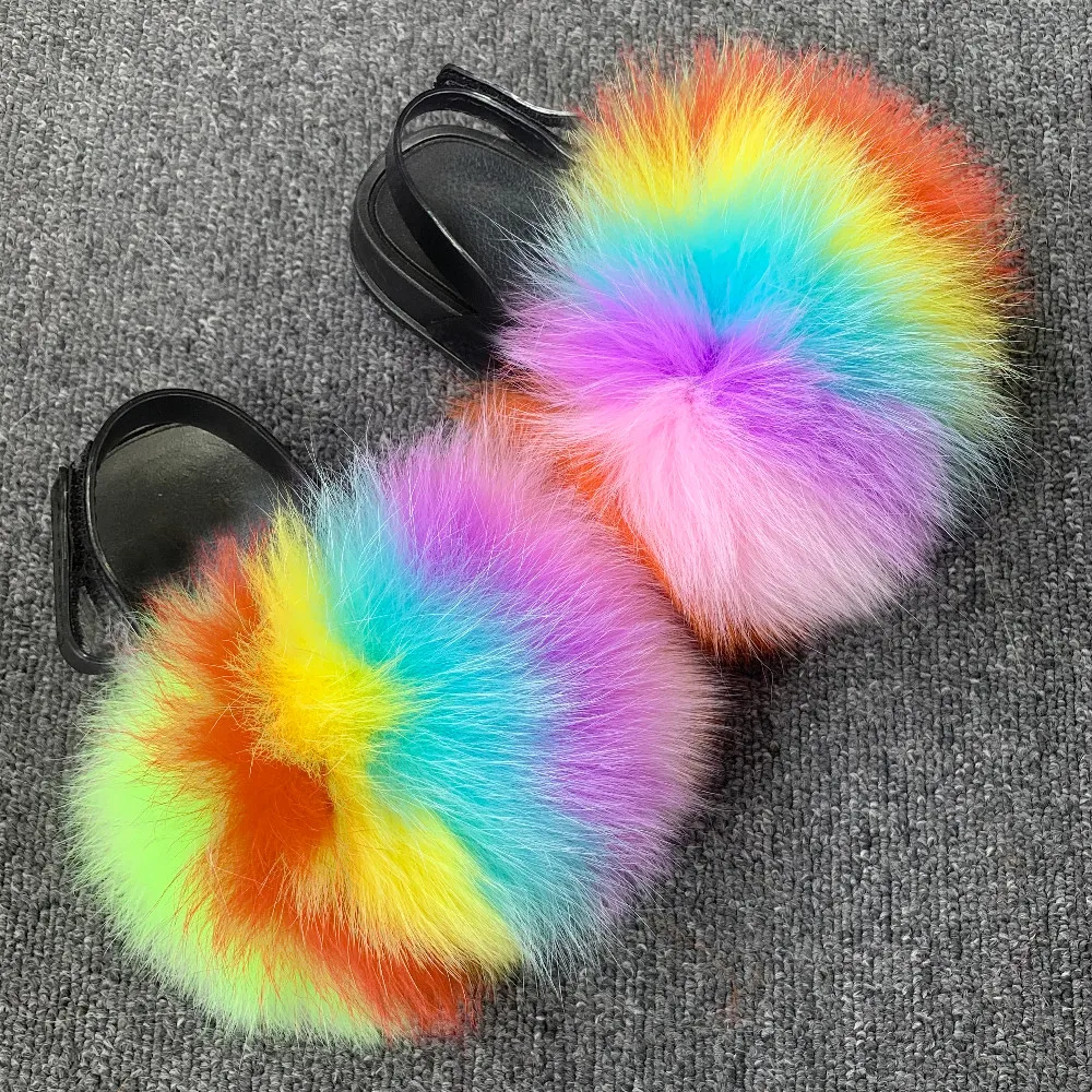 

Mixed Colors Baby Toddler Sandals Real Fox Fur Slippers Raccoon Fur Furry Cute Kids Fur Slides Wholesale with strap, As picture show or customized