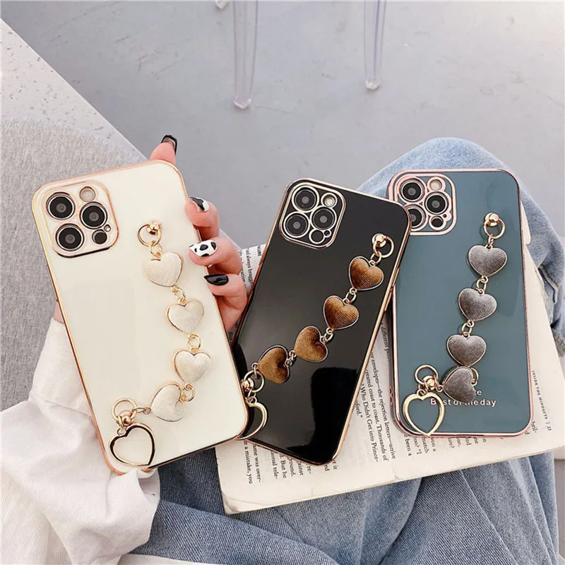 

Luxury Plating Phone Case For iPhone 12 11 Pro Max 7 8 Plus X XR XS Max Mini Love Heart Chain Wrist Strap Back Cover Coque