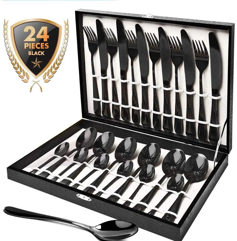 

Black cutlery sets 24-Piece Stainless Steel Flatware Set With Titanium Black Plated, Sliver/gold/rose gold/rainbow