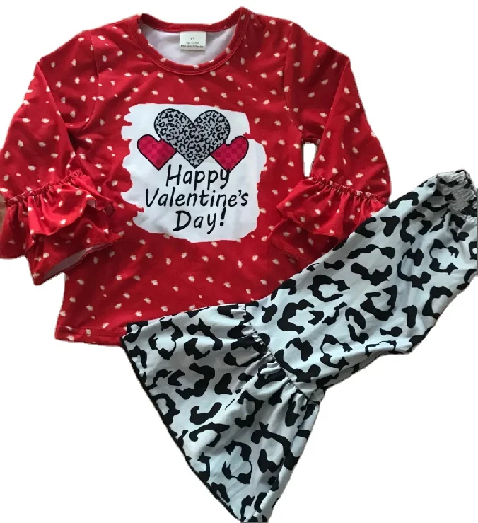 

Wholesale low moq Happy Valentine's Day print ruffle top with bell bottoms toddler baby girls valentines kids clothing outfits